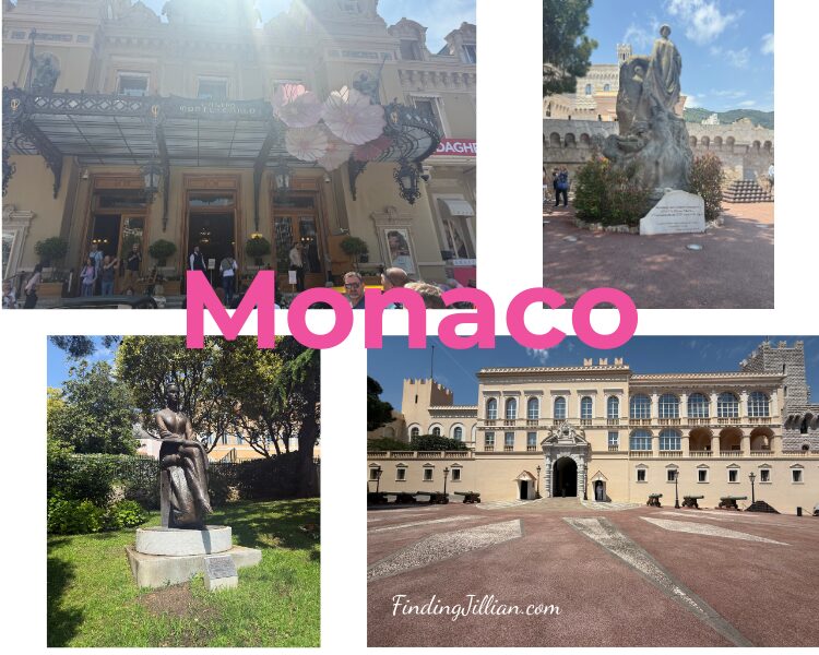 collage image from Monaco of palace, statue and Monte Carlo hotel