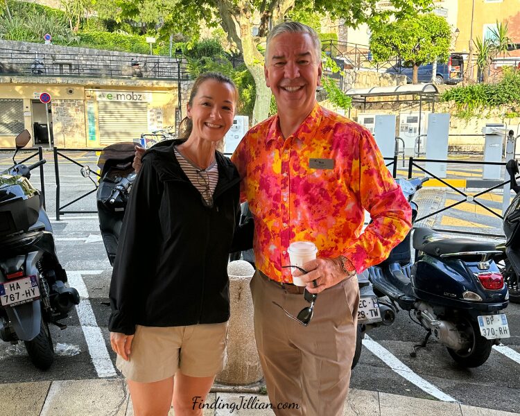 image of Jill (findingjillian.com) with Rich, the cruise director on Celebrity Equinox