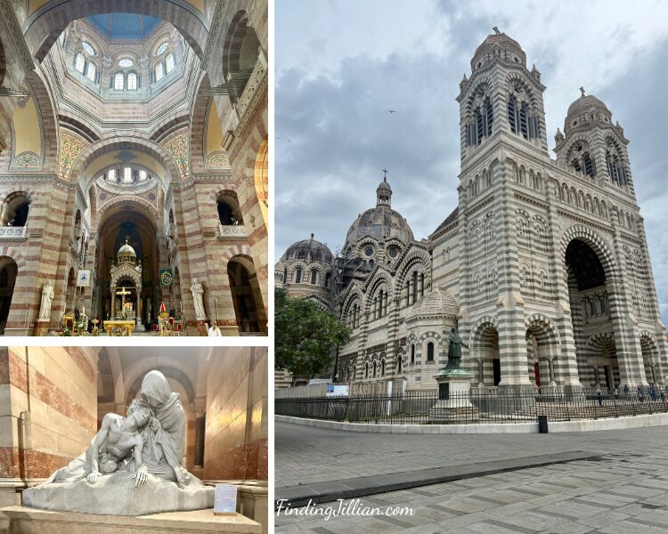 collage photo of statue, interior and exterior of cathedral de la major in Marseille France