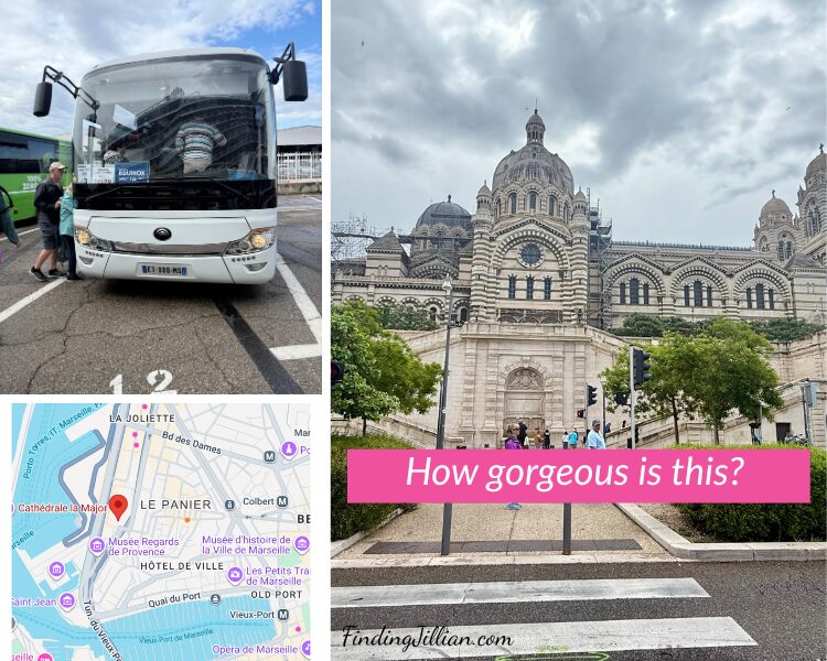 collage image of cathedral de la major, a motor coach and area google map for Marseille France