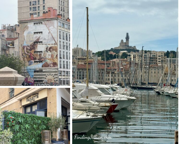collage image of old port in Marseille france, a coffee shop/bar and street art.
