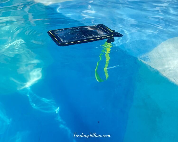 image of floating phone case in a pool