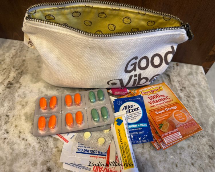 image of zipper pouch with various over the counter medicines for a cruise